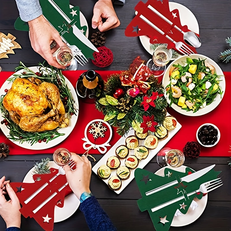 4pcs Xmas Cutlery Bag Pockets Christmas Tree Stars Snowflake Fork Spoon Holder
