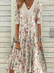  Floral Print Lace Sleeve V Neck Pleated Dress With Pockets