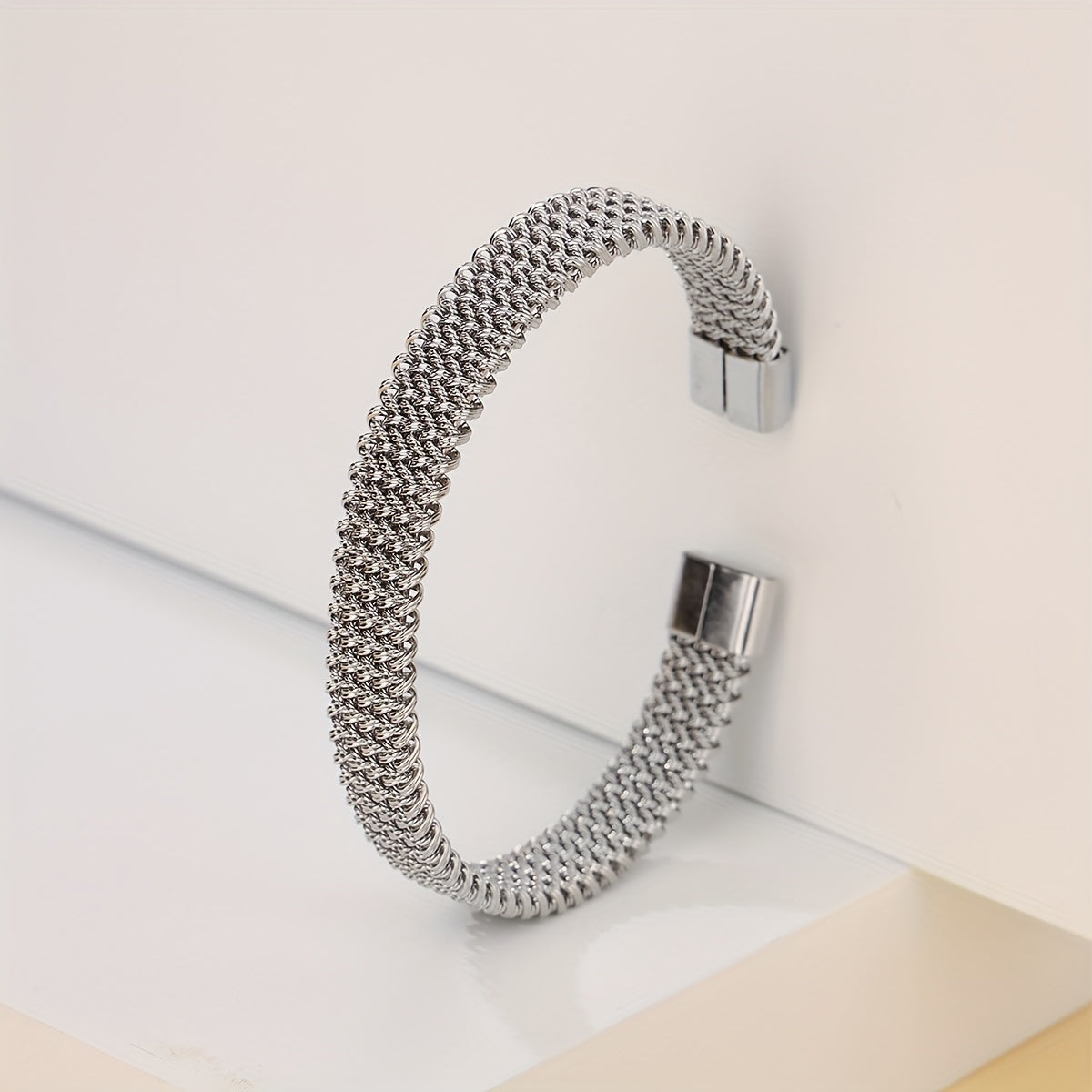 Stainless Steel Braided Flat C Open Bracelet Men Women
