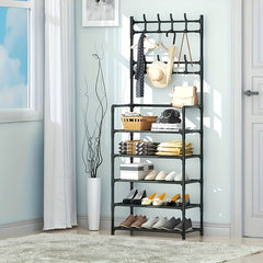 Entrance Coat Rack Foyer Shoe Rack w/ Storage Shelves & Hooks