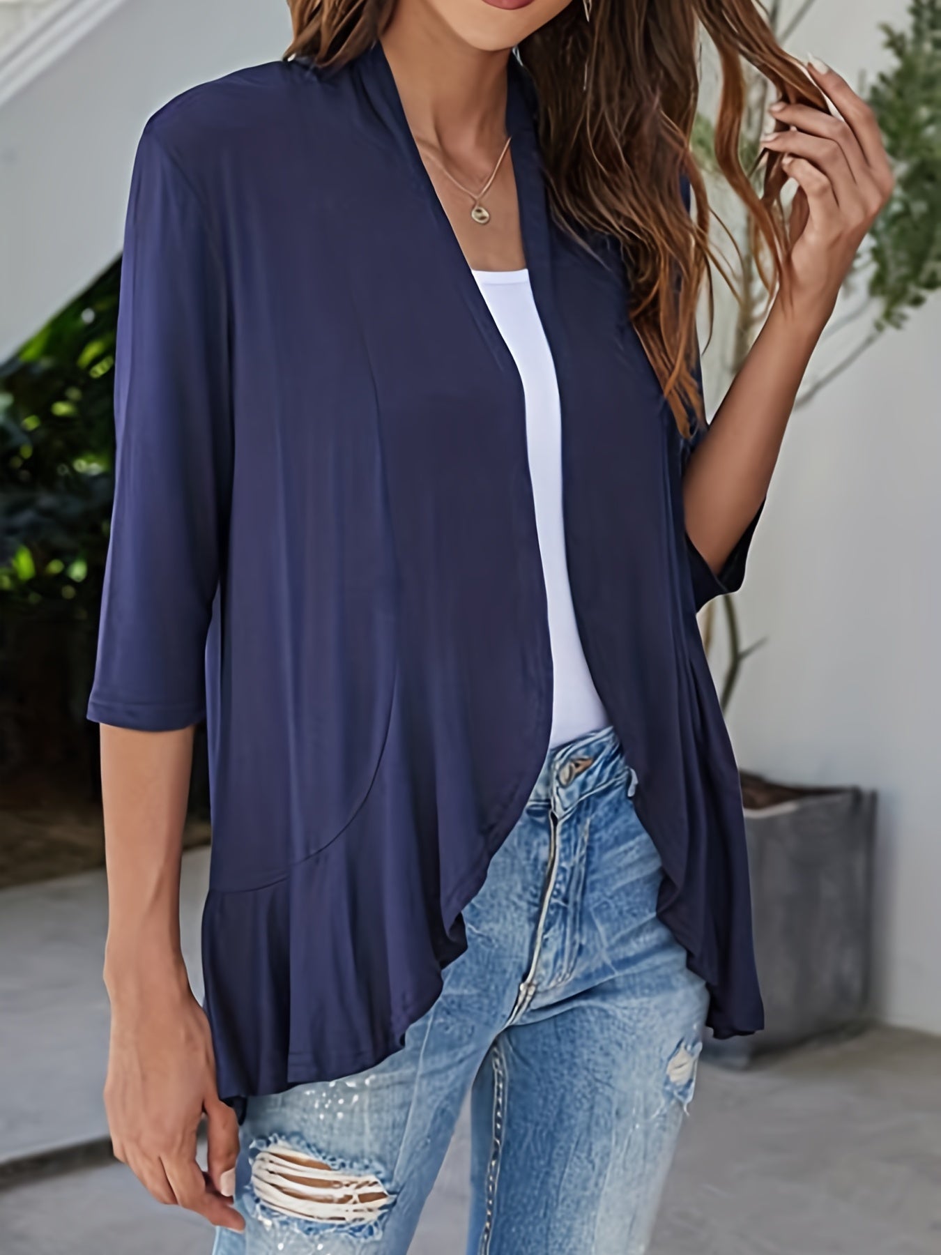  Solid Three Quarter Sleeve Ruffle Open Front Cardigan