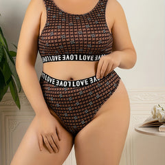  Allover Print Letter Tape Bra & Panty Set