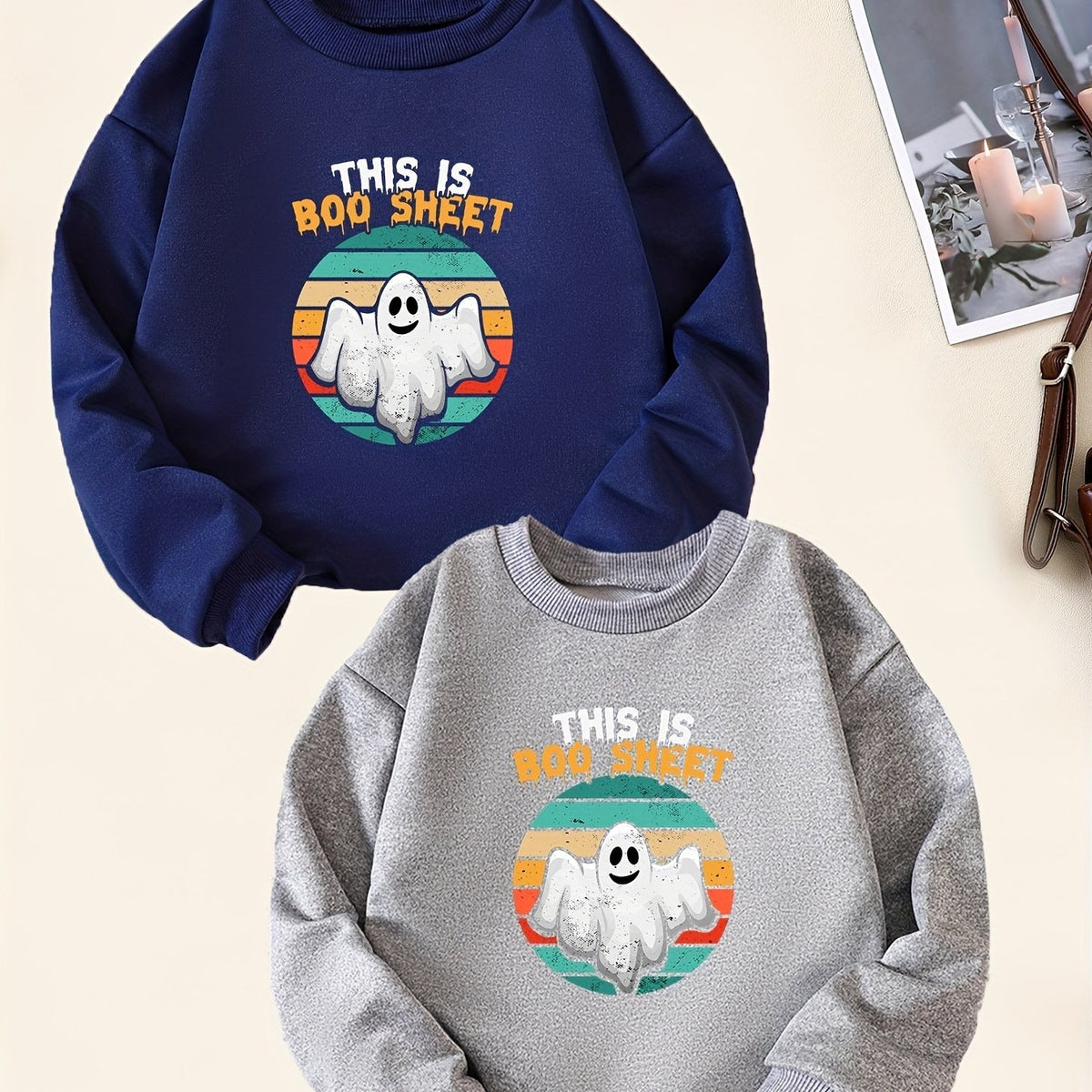 2pcs Halloween Boo Print Boys Pullover Sweatshirt Crew Neck Tops Kids Clothing