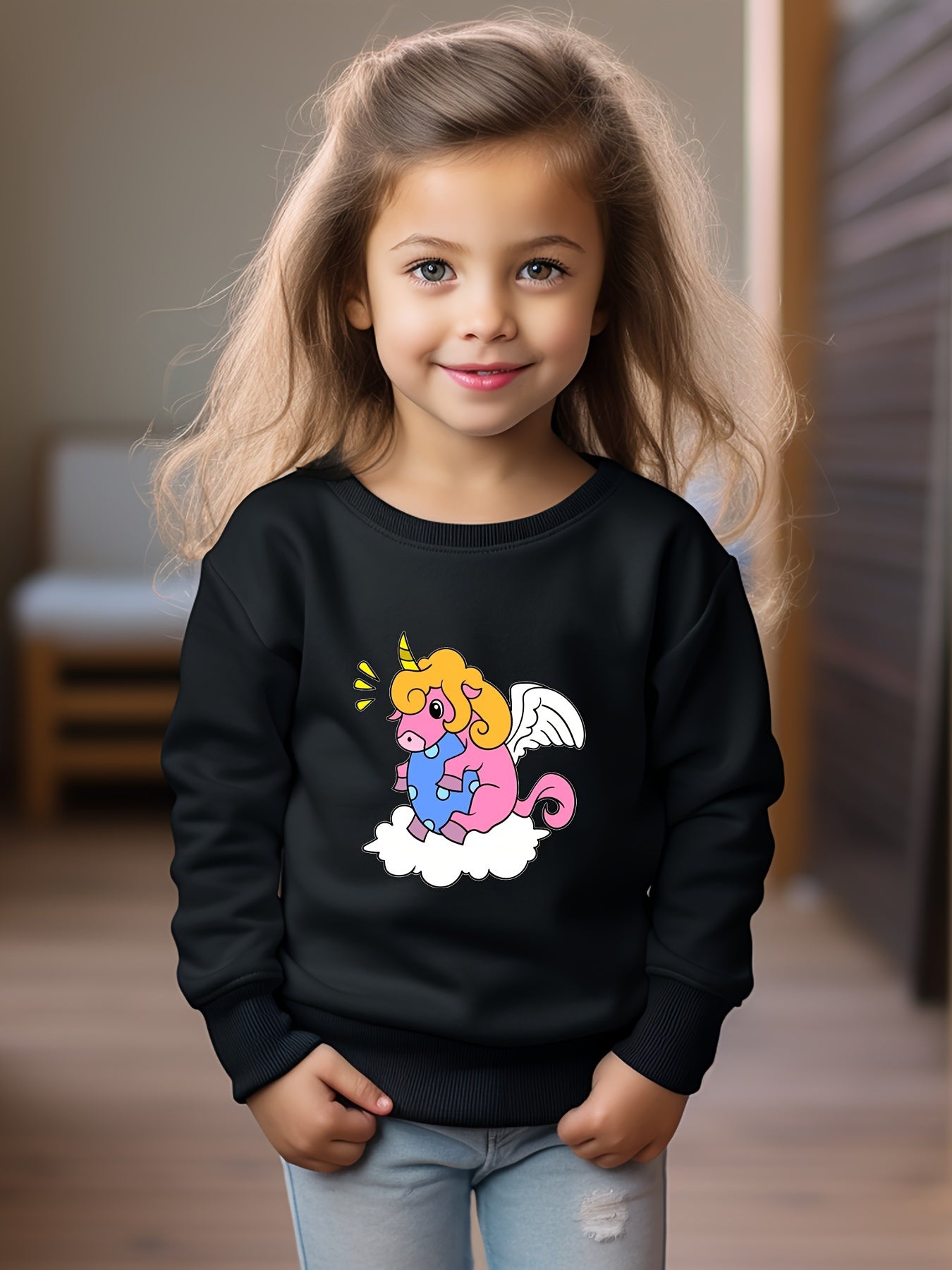 Cartoon Unicorn Print Girls Sweatshirt Long Sleeve Crew Neck Tops