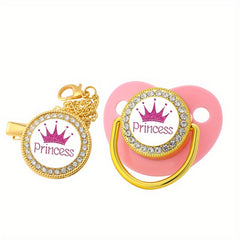 Crown Princess Prince Diamond Pacifier with Chain Clip