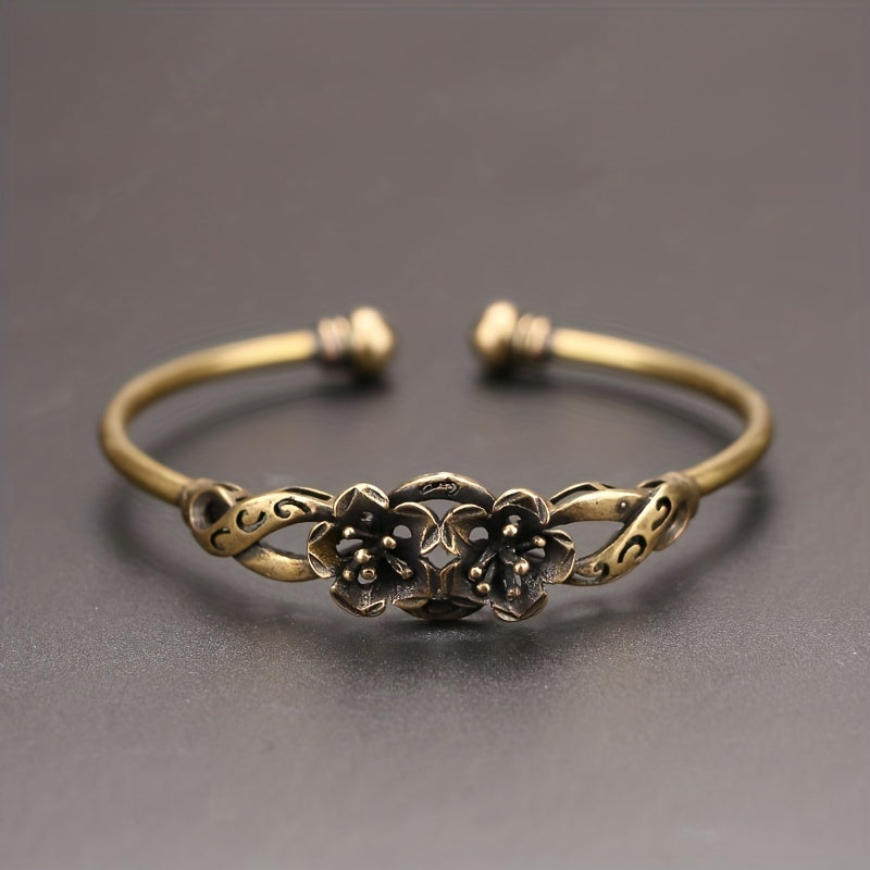 Vintage Brass 3D Flower Bracelet Retro Copper Adjustable Bracelet Gift