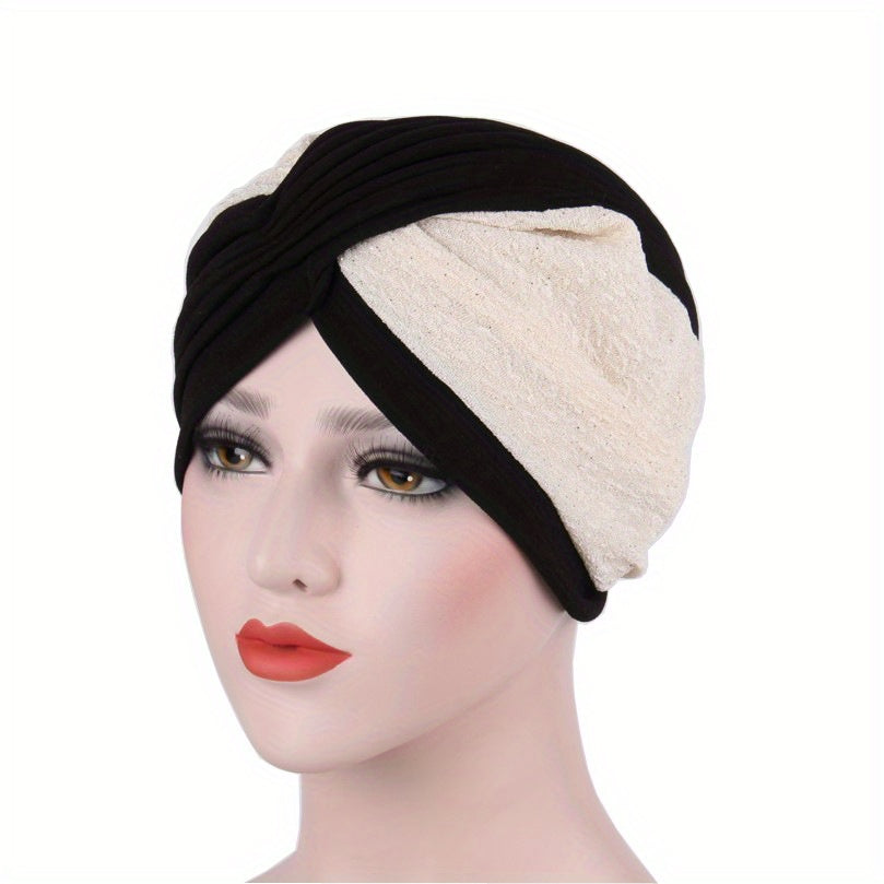 Block Stitching Turban Cap Lace Pleated Head Wrap