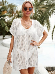 Crochet Batwing Sleeve Beach Cover Up V Neck Side Split Soft Boho Kaftan Dress