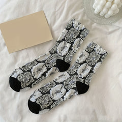 4 Pairs Floral Print Socks Soft Mid Tube Women's Stockings & Hosiery
