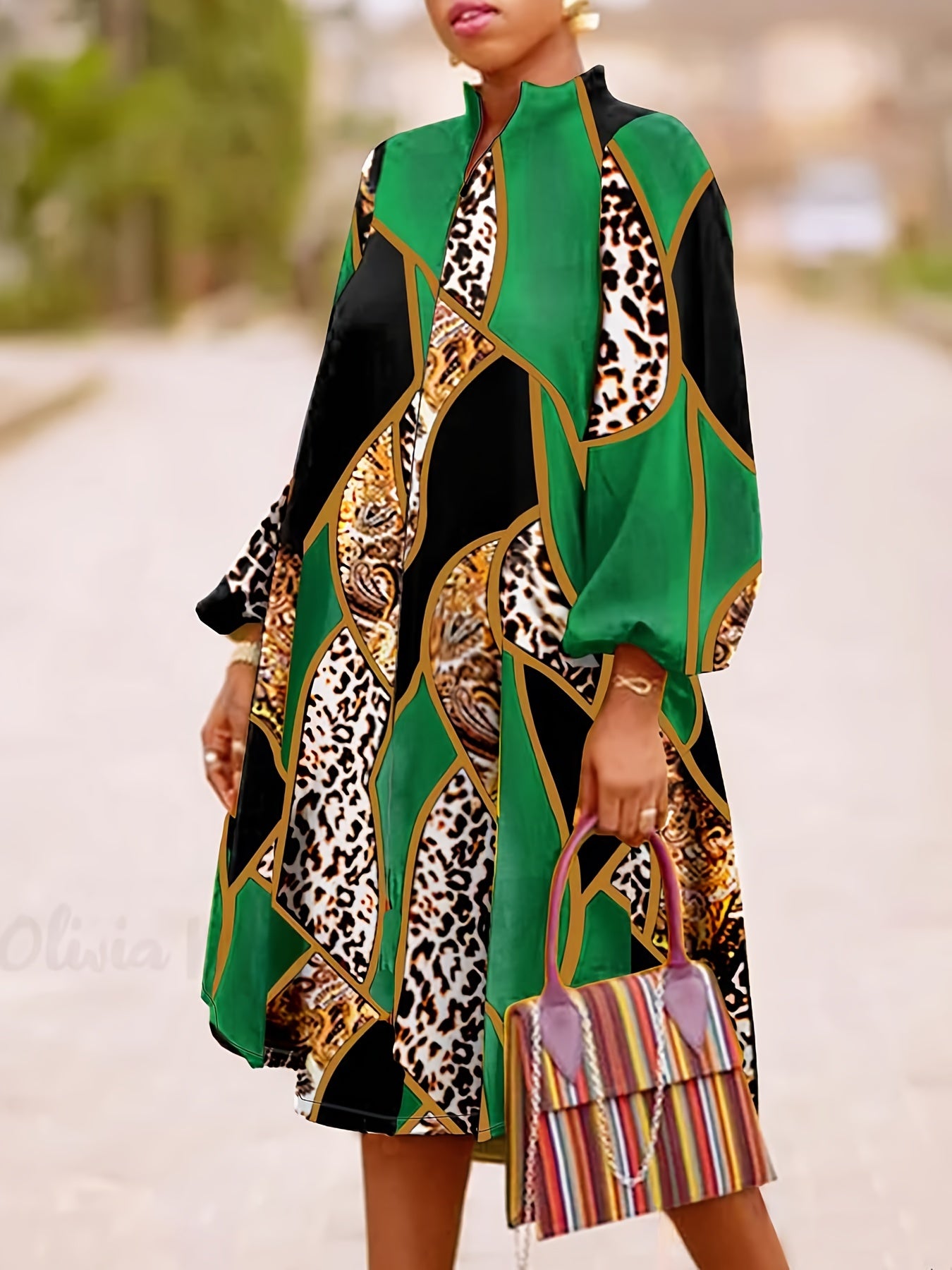  Colorblock Leopard Printed Dress