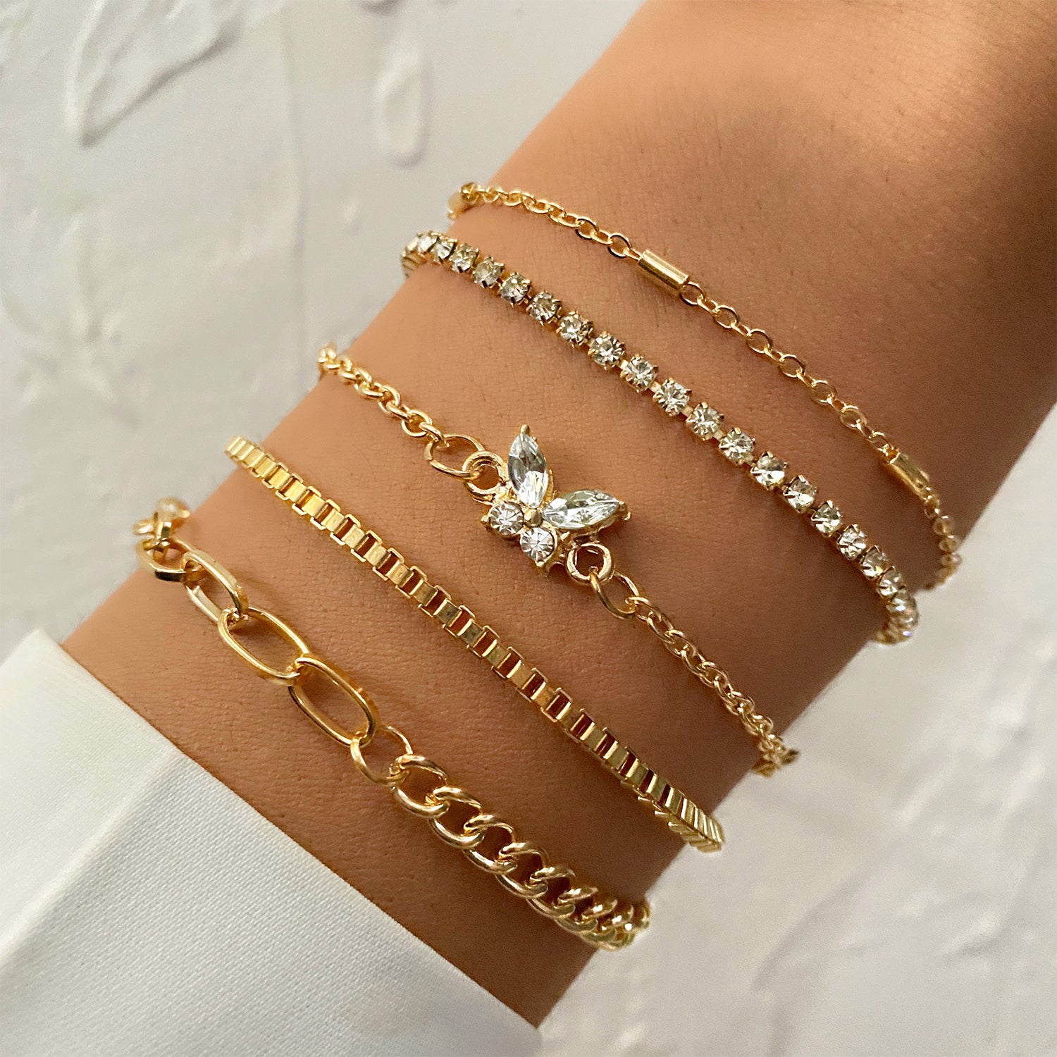 Golden Chain Butterfly Rhinestone Bracelet Set
