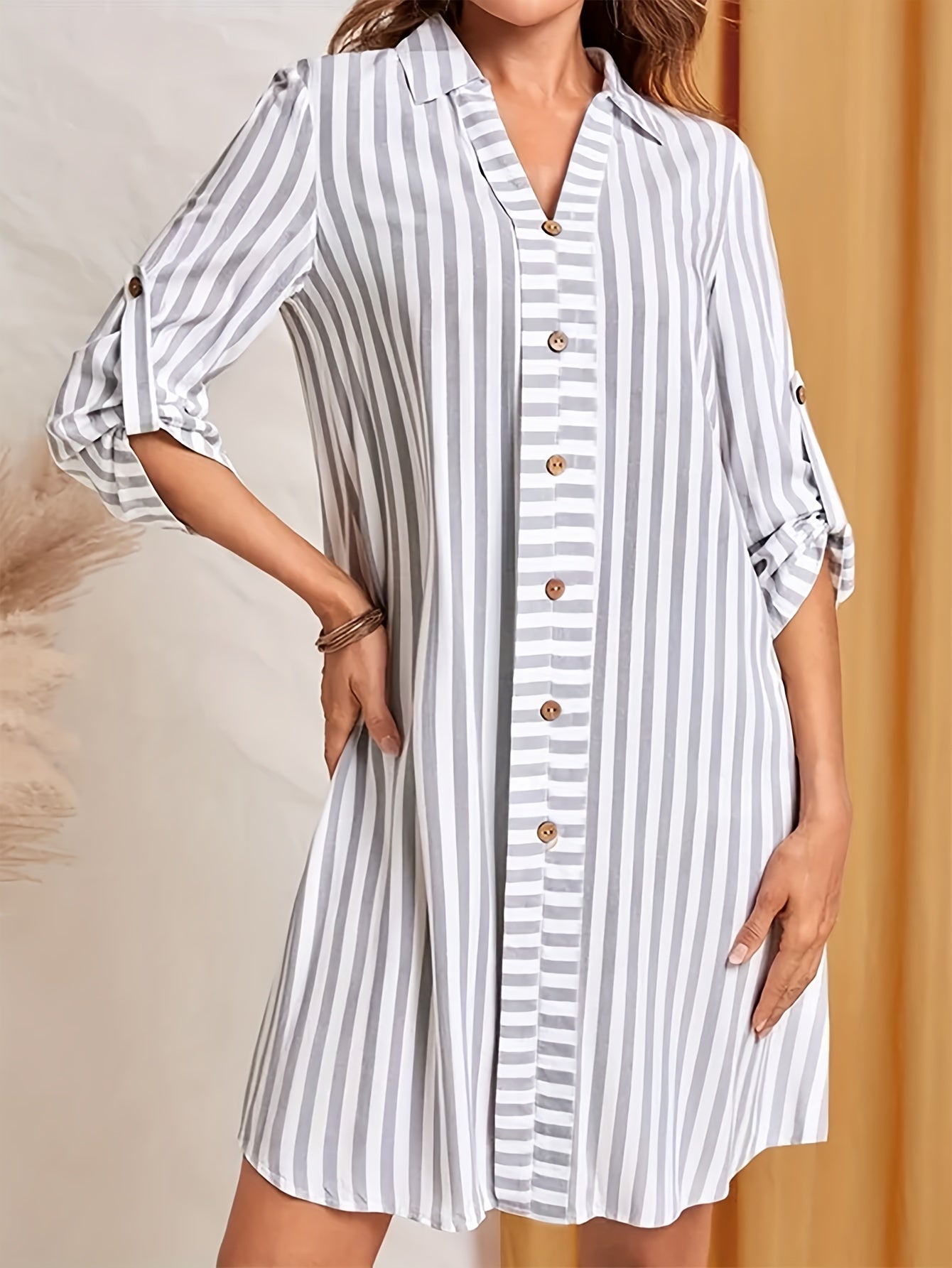  Women's Stripe Print Polo Neck Dress