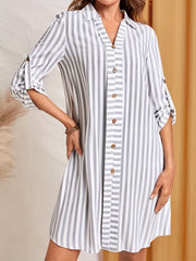  Women's Stripe Print Polo Neck Dress