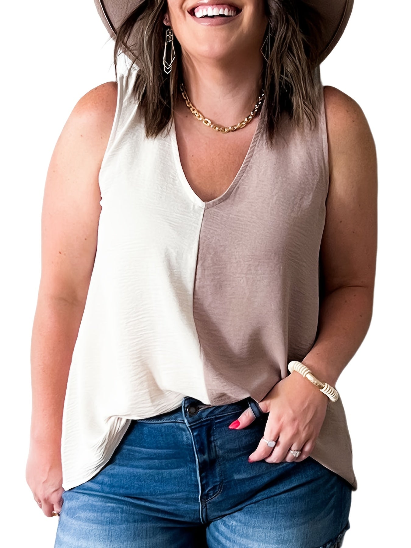  Colorblock Half V Neck Loose Tank Top