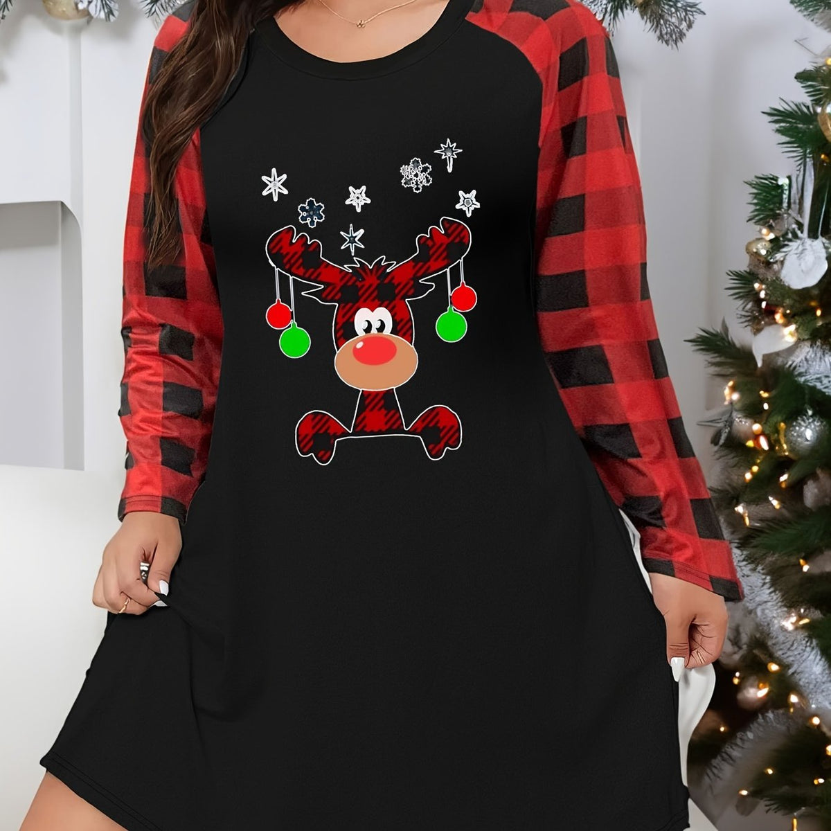  Christmas Lounge Dress Women's Plus Elk & Snowflake Graphic Nightdress