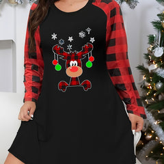  Christmas Lounge Dress Women's Plus Elk & Snowflake Graphic Nightdress