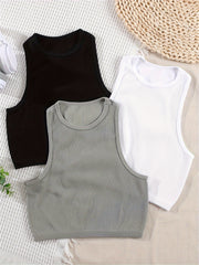 3pcs Solid Ribbed Lounge Tops Crew Neck Tank Top