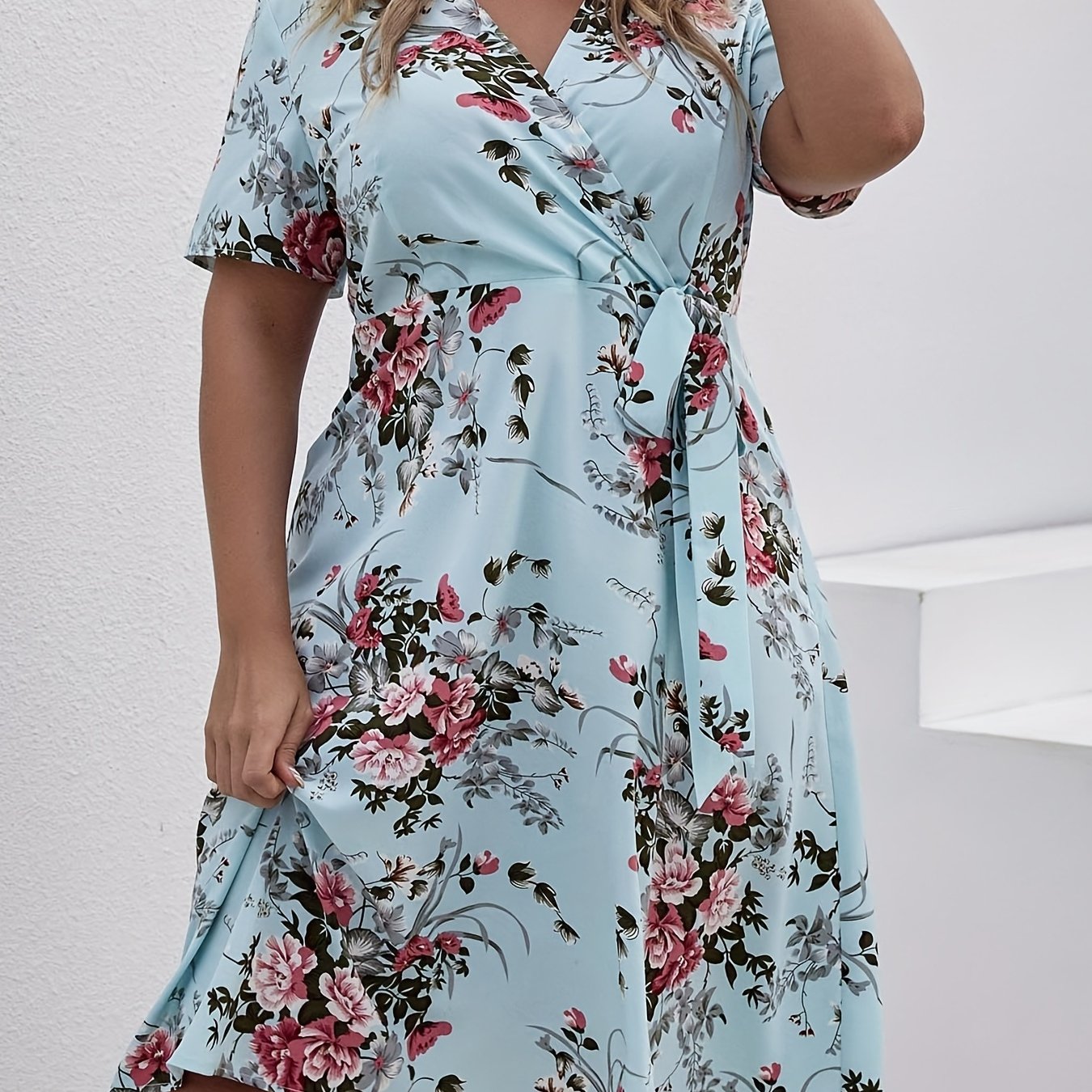  Casual Floral Print Short Sleeve Knot Dress