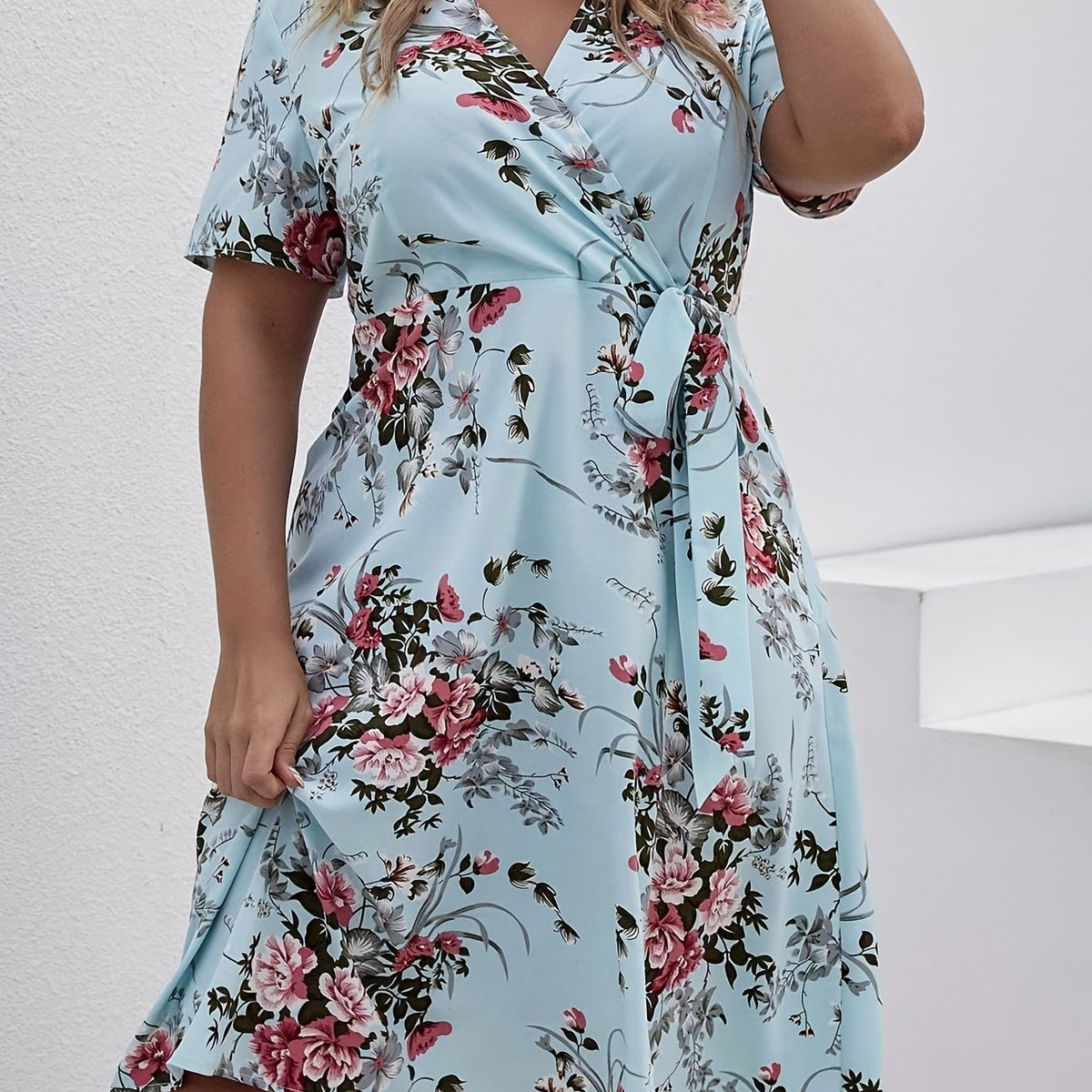  Casual Floral Print Short Sleeve Knot Dress