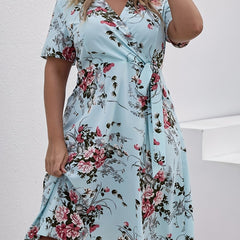  Casual Floral Print Short Sleeve Knot Dress