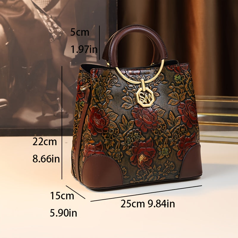 Vintage Flower Pattern Handbag Bucket Bag Women's Crossbody Purse