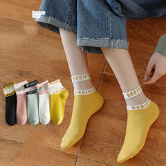 5 Pairs Letter Print Socks with Mesh Women's Stockings