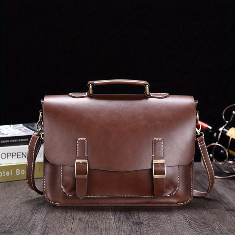Business PU Leather Briefcase Men's Shoulder Messenger Bag Horizontal Retro