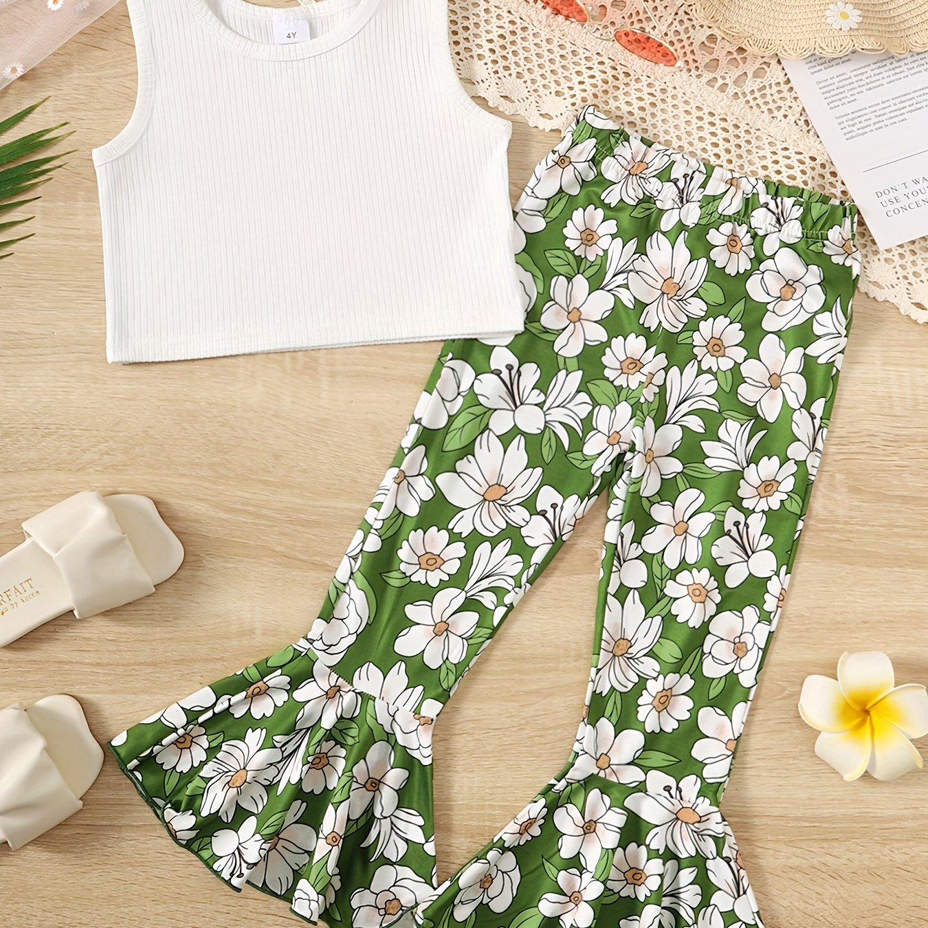 Toddler Girl's Floral Ribbed Tank Top & Flared Pants Set
