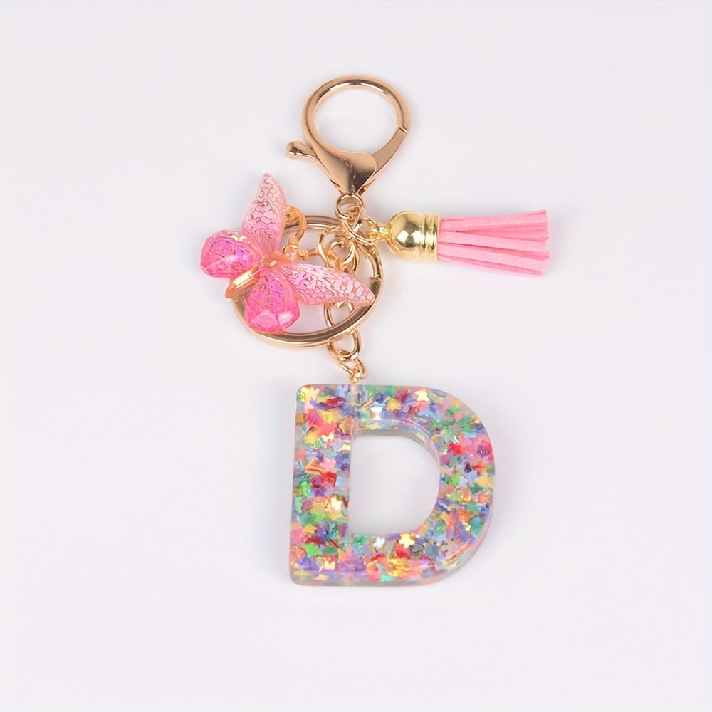 Resin Initial Letter Keychain Butterfly Pendant Glitter Animal Key Ring