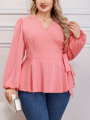  Ribbed Lantern Sleeve Peplum Shirt Top