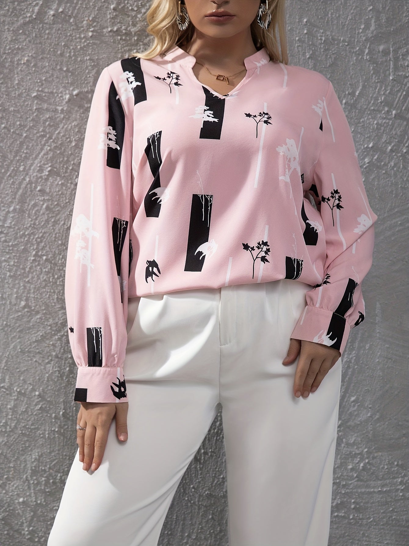  Graphic Print Long Sleeve Casual Blouse