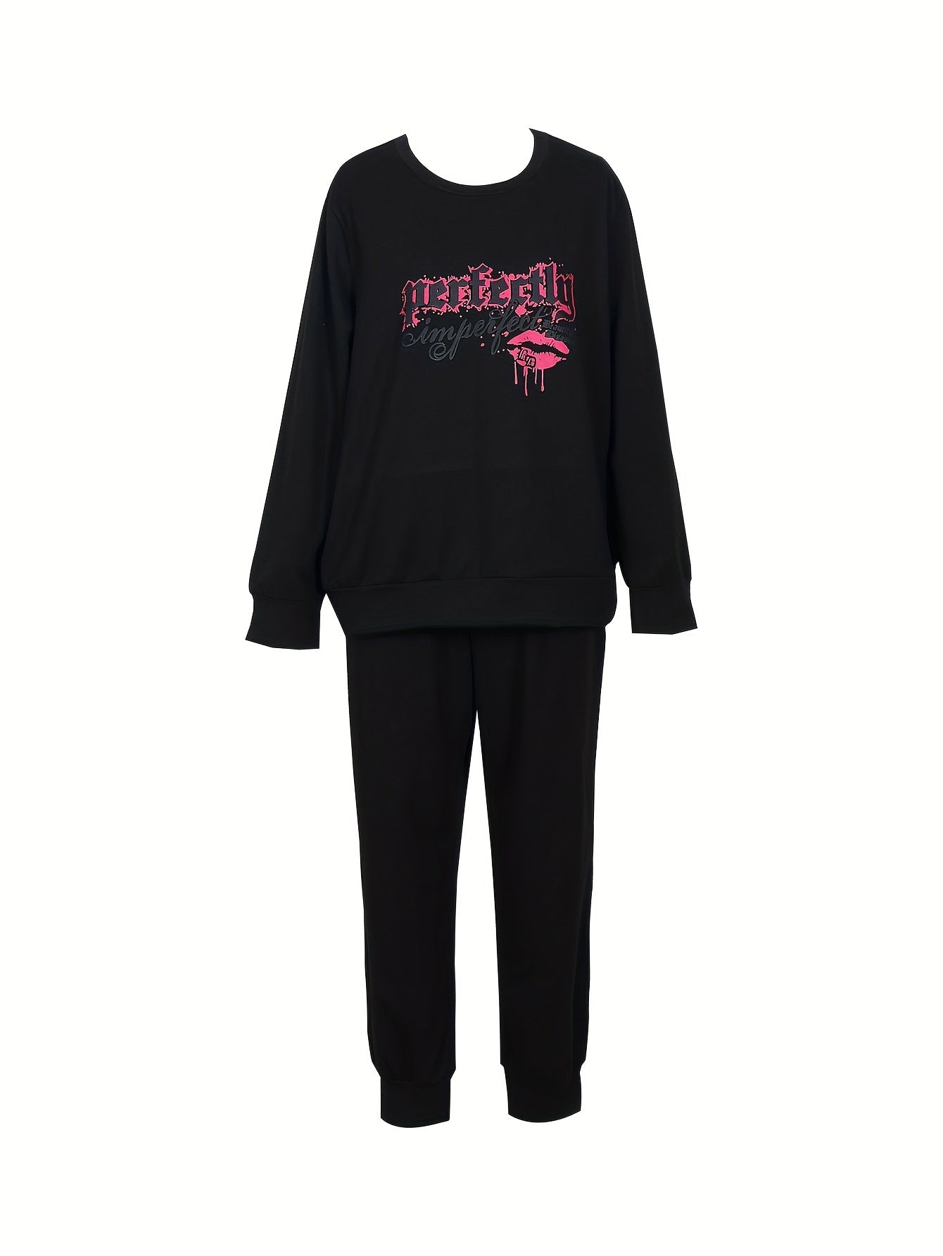 Plus Size Women's Kiss & Letter Print Top & Joggers Outfit Set