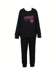 Plus Size Women's Kiss & Letter Print Top & Joggers Outfit Set