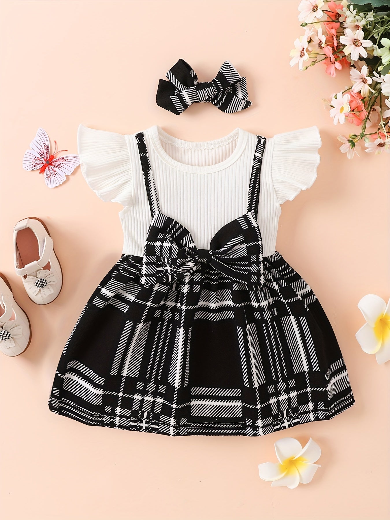 2pcs Baby Girls Splicing Suspender Dress Bow Plaid Dress Set