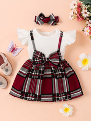 2pcs Baby Girls Splicing Suspender Dress Bow Plaid Dress Set