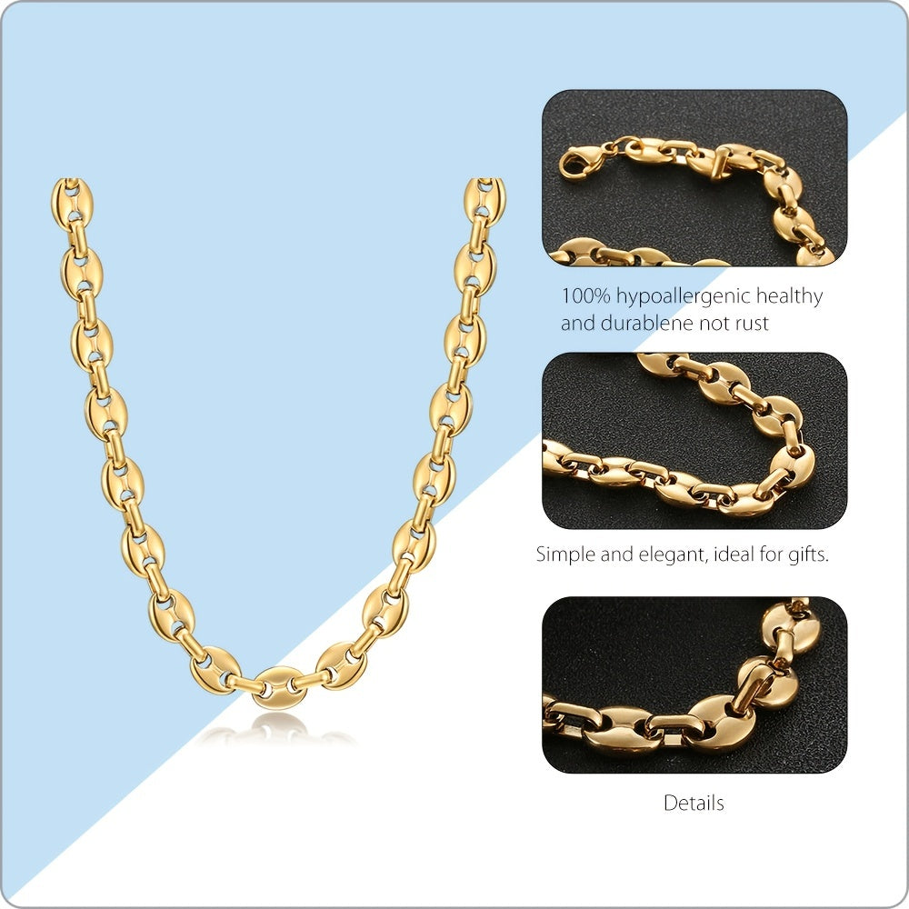 Men Stainless Steel Coffee Bean Necklace 22in Long Golden Steel