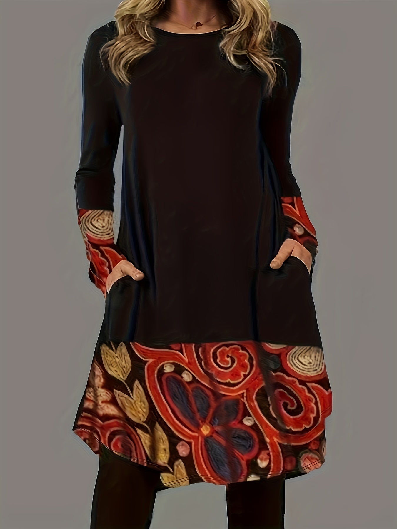  Women's Graphic Print Long Sleeve Dress With Pockets