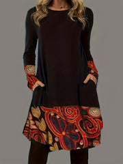 Women's Graphic Print Long Sleeve Dress With Pockets