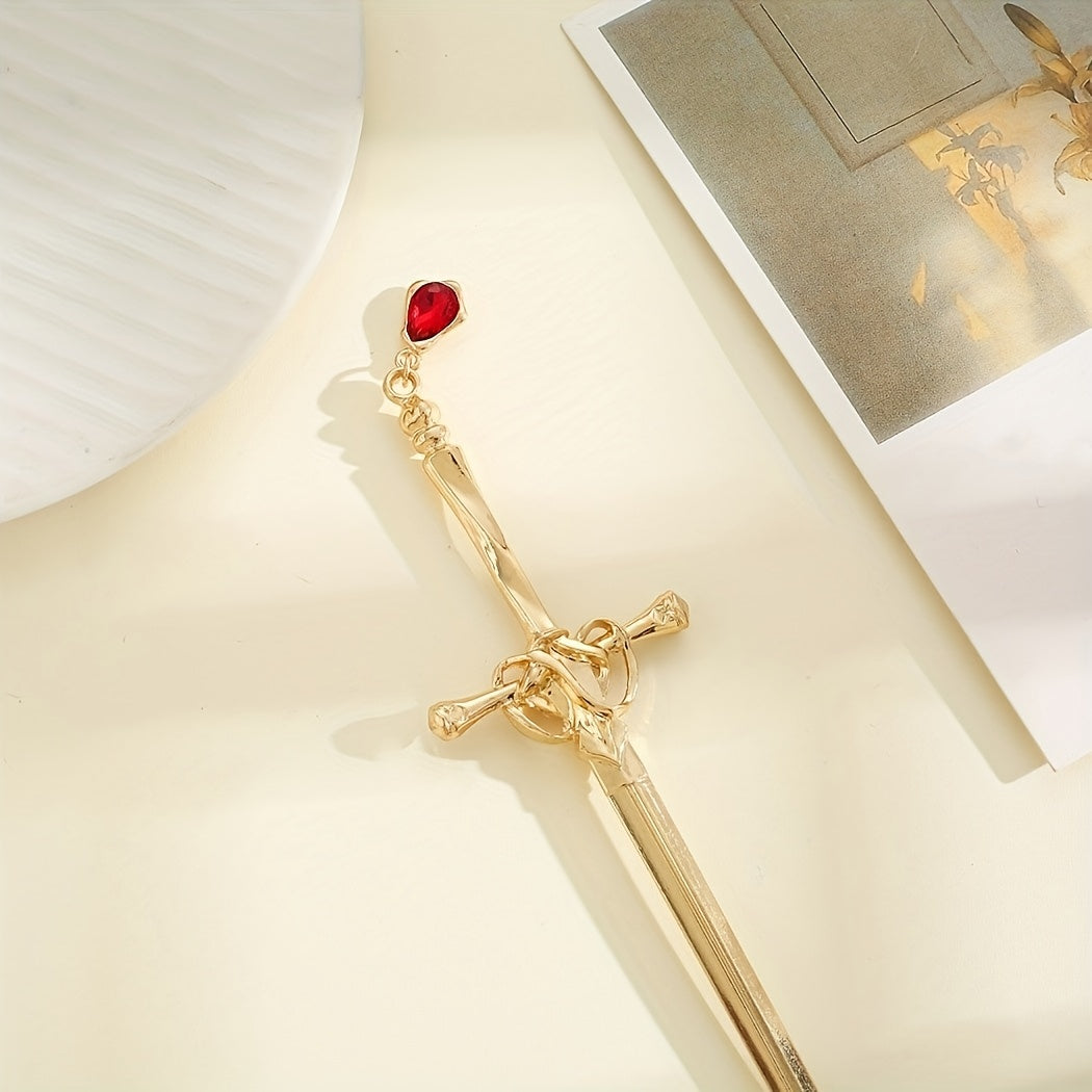Ancient Style Sword Model Hairpin With Red Rhinestone