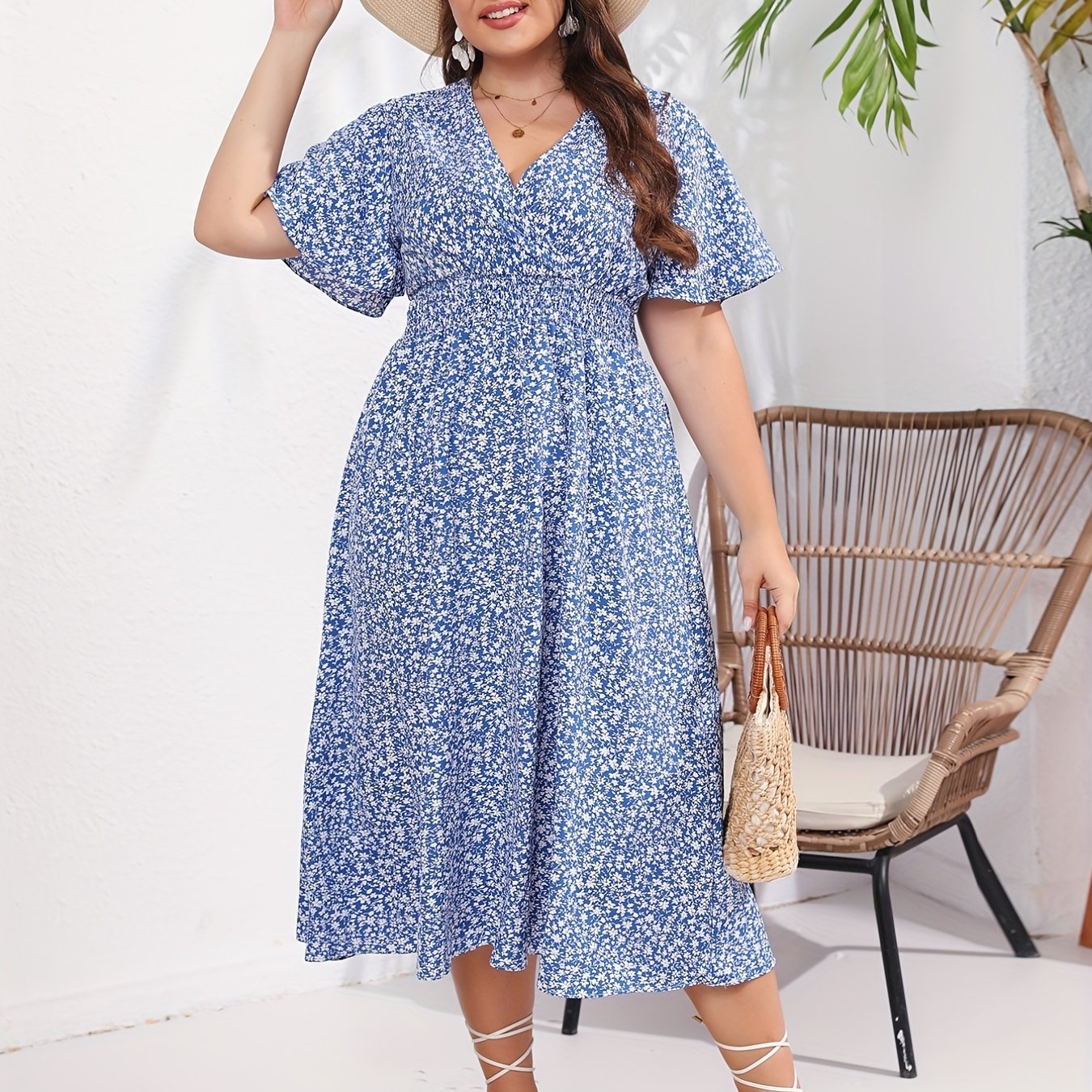  Boho Dress Women's Plus Floral Print Short Sleeve V Neck Dress