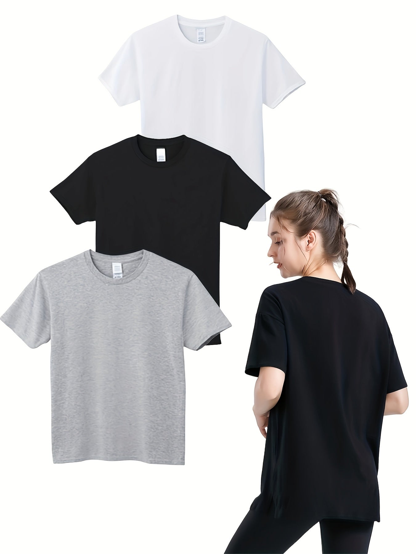 3pcs Women's Solid Round Neck Sports T-shirt
