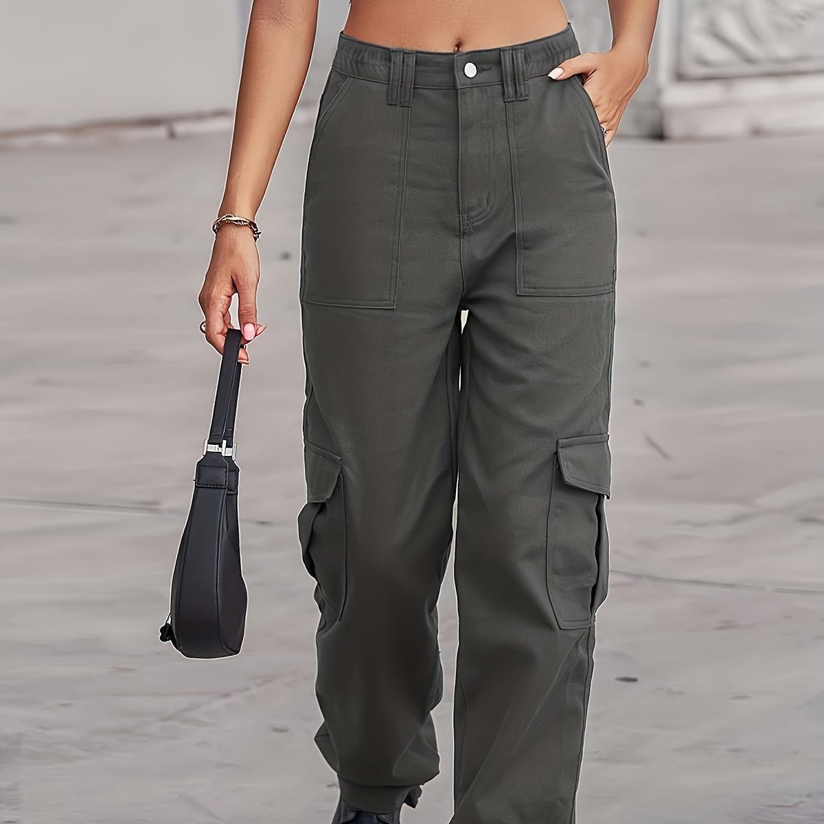 Loose Fit Cargo Denim Pants Mid Waist Straight Legs Denim Pants