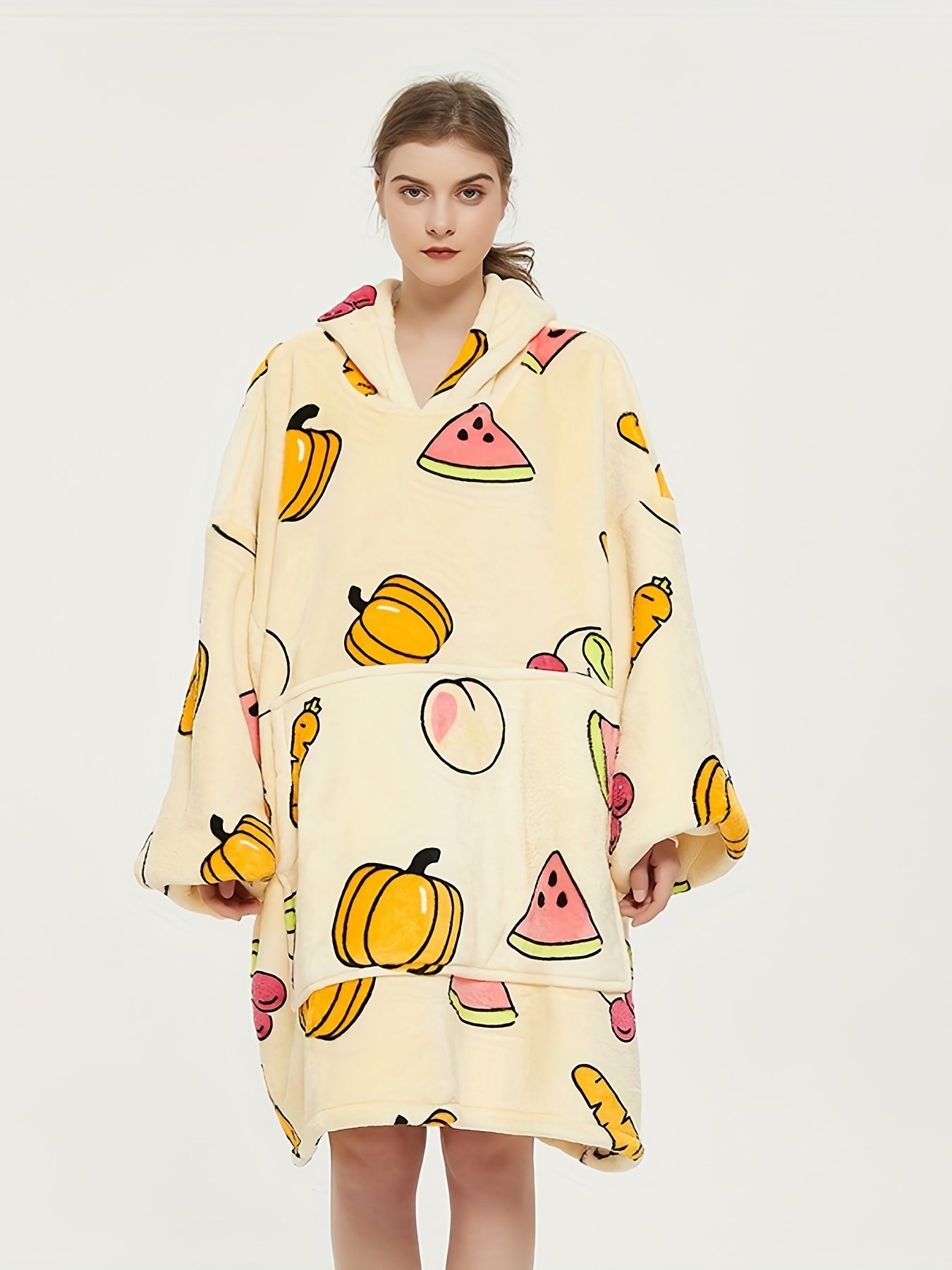  Halloween Lounge Robe Watermelon Pumpkin Print Hooded Flannel Blanket