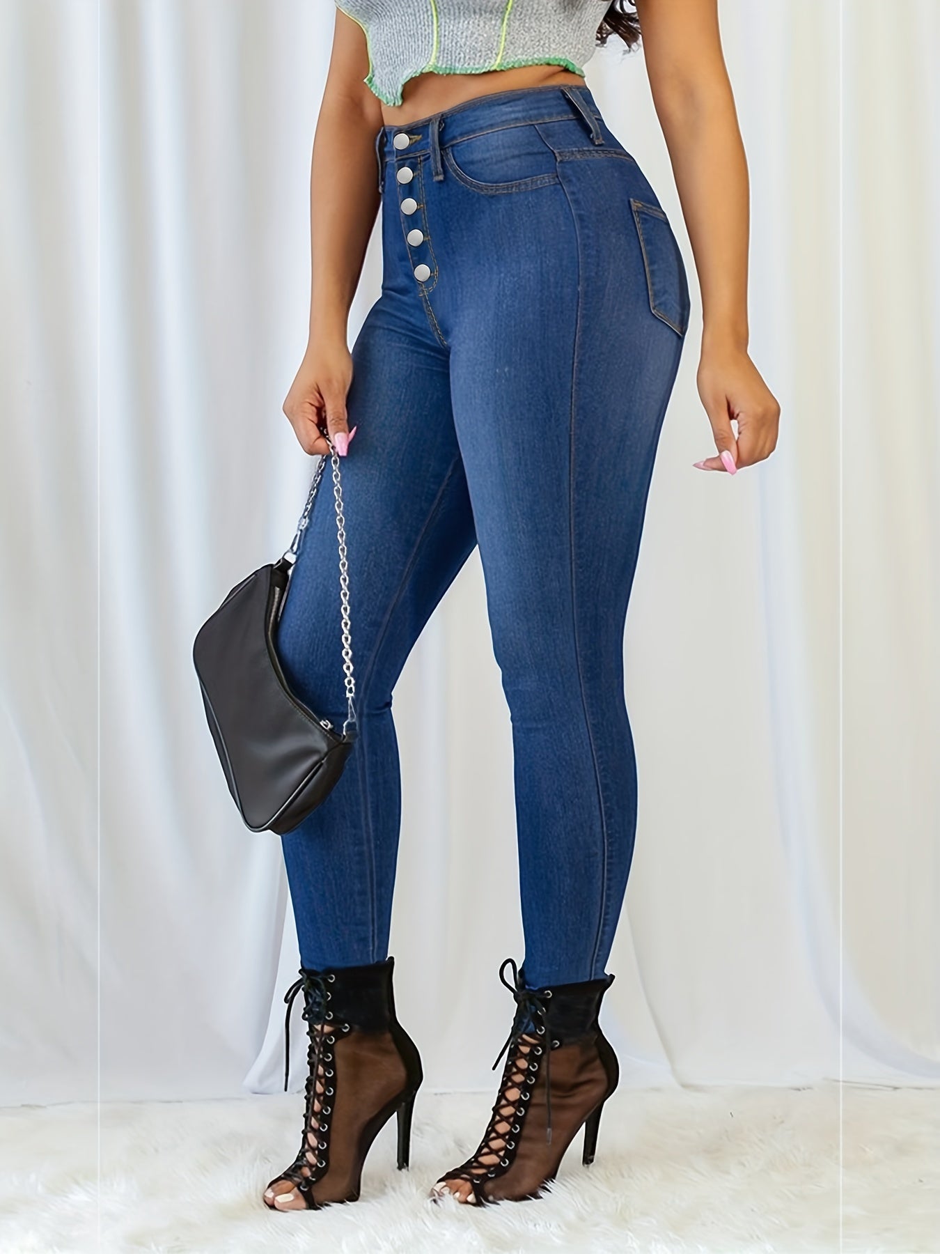 High Waist Casual Skinny Jeans High Rise Slim Fit Denim Pants Women's