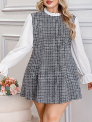  Colorblock Plaid Lantern Sleeve Mini Dress