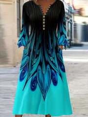  Ombre Geometric Print Maxi Dress With Bell Sleeves