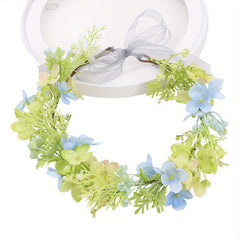 Floral Bridal Flower Crown Headband with Leaf Wreath & Pink Yellow Flowers