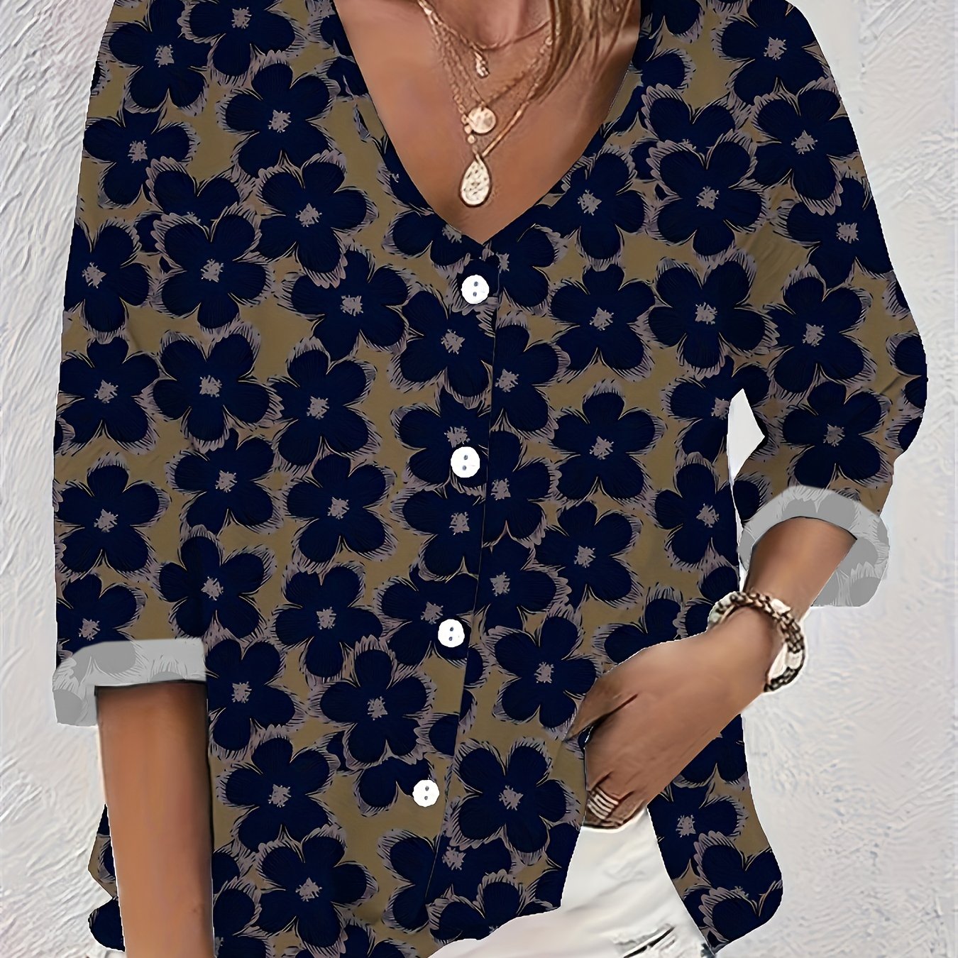  Floral Print Button-Up Long Sleeve Blouse