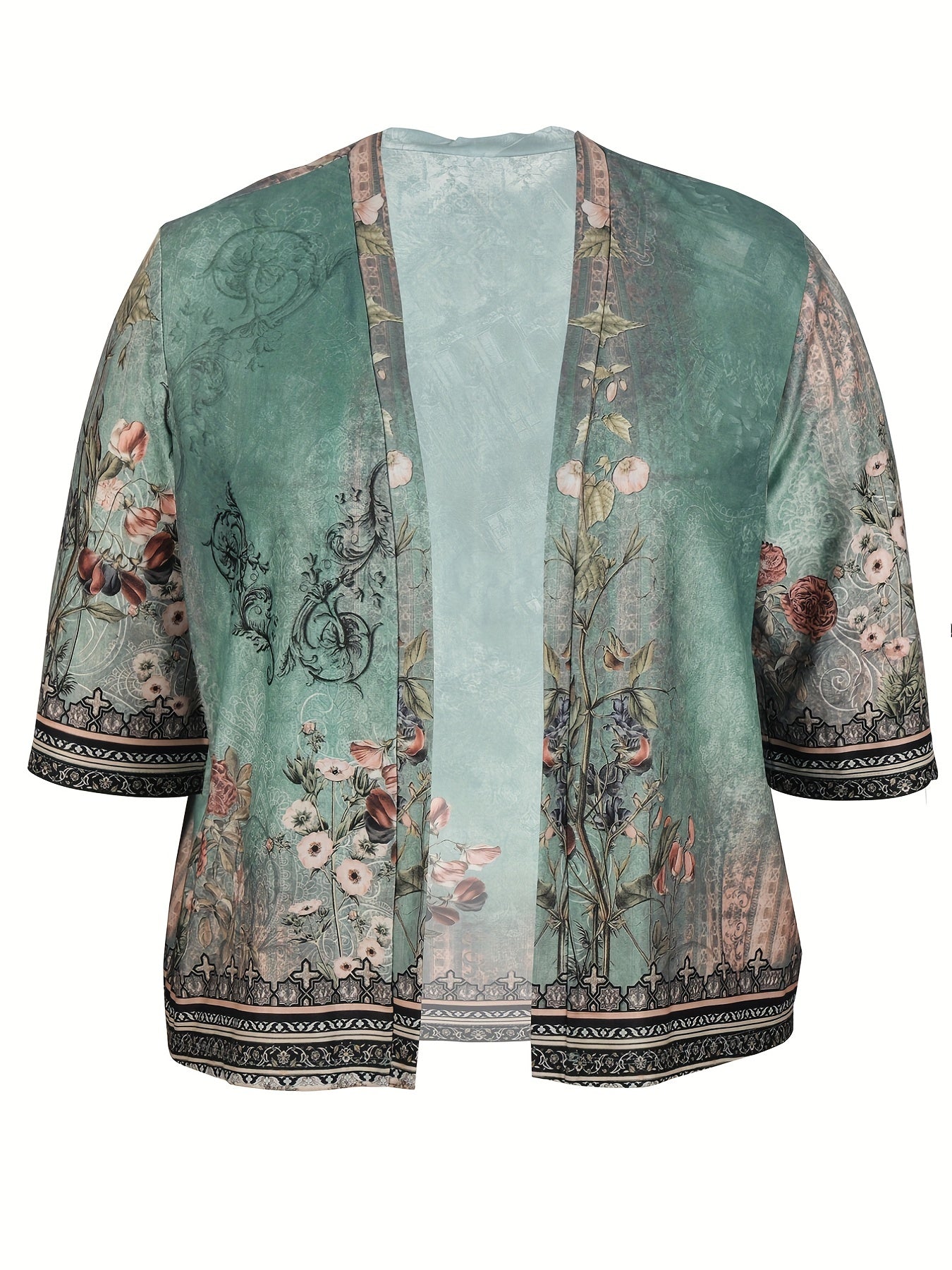  Retro Cardigan Women's Plus Floral Print Open Front Cardigan