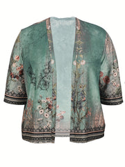  Retro Cardigan Women's Plus Floral Print Open Front Cardigan